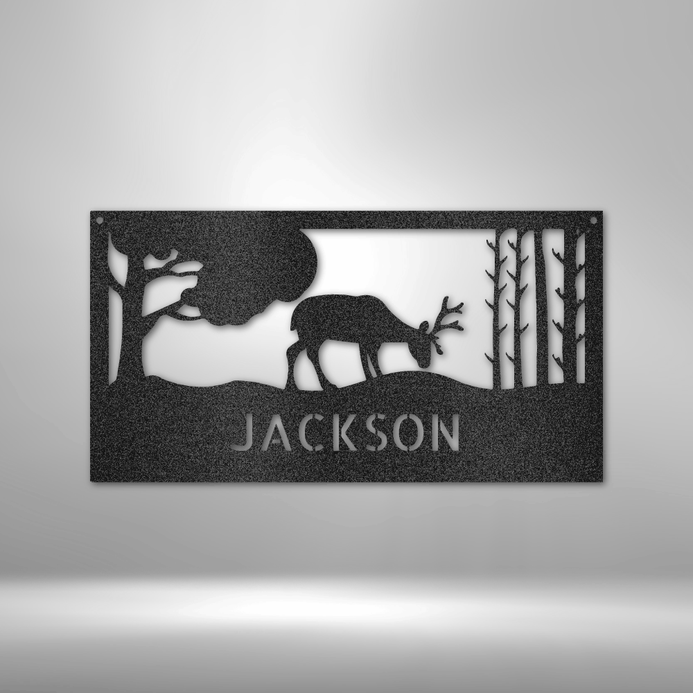 custom steel sign made in usa with buck grazing in forest scene and custom name text