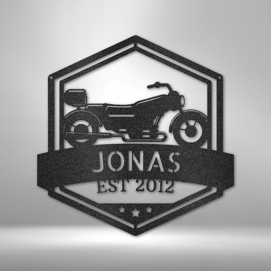 Custom steel motorcycle wall sign with vintage bike silhouette and personalized name/date