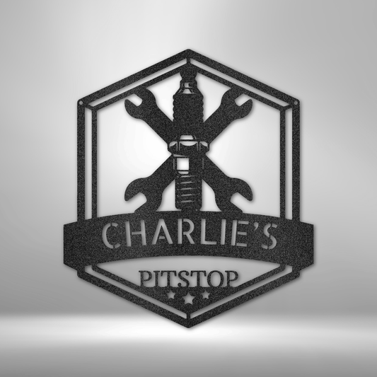 Custom garage steel sign with spark plug, crossed wrenches, and two personalized text areas, made in USA