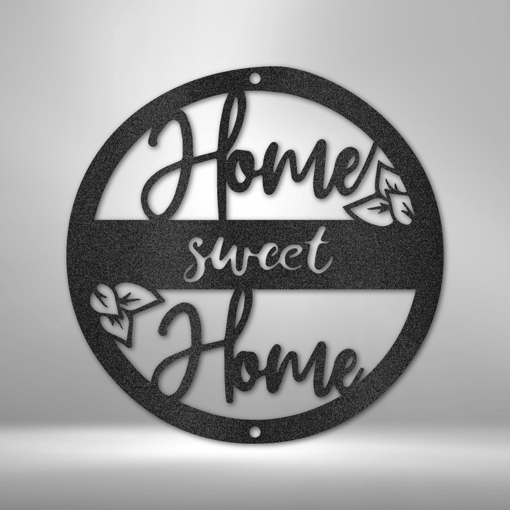 Home Sweet Home round metal wall art with script font and floral accents, made in USA
