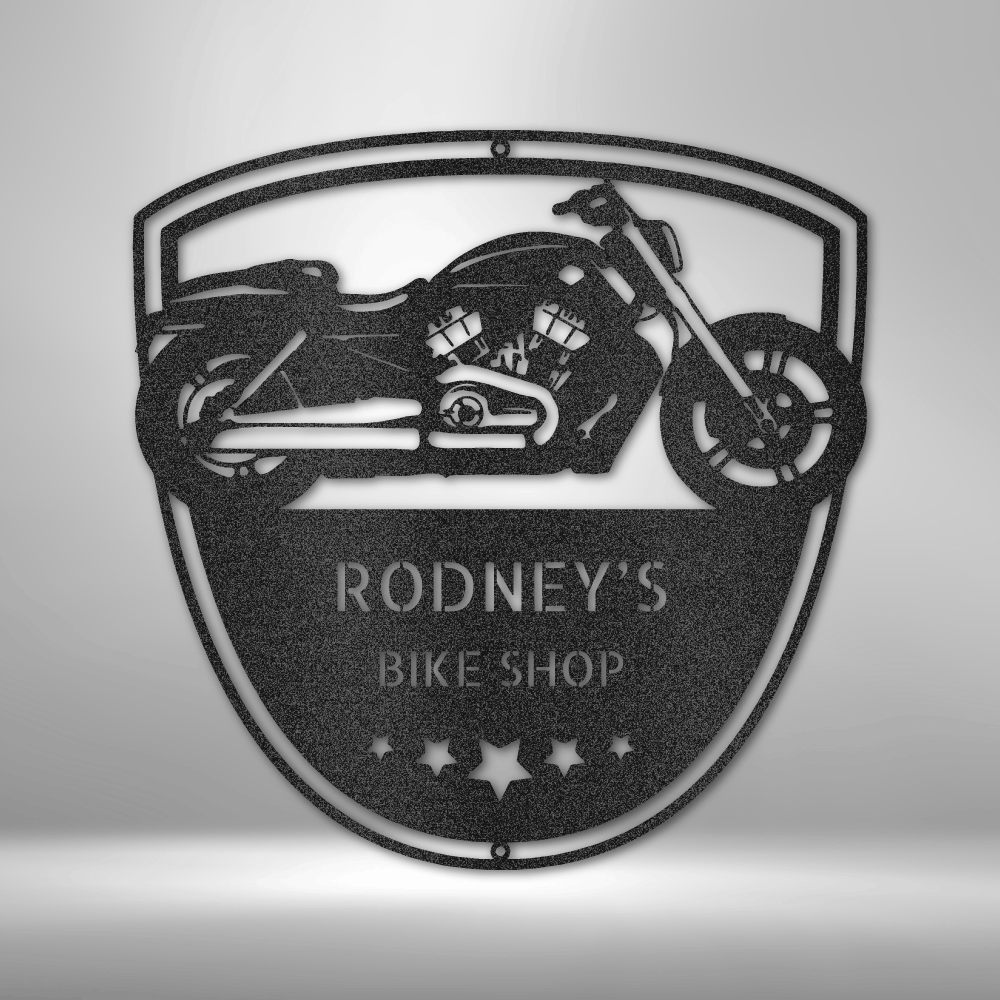 Custom motorcycle steel sign with garage shield shape and personalized text, made in USA