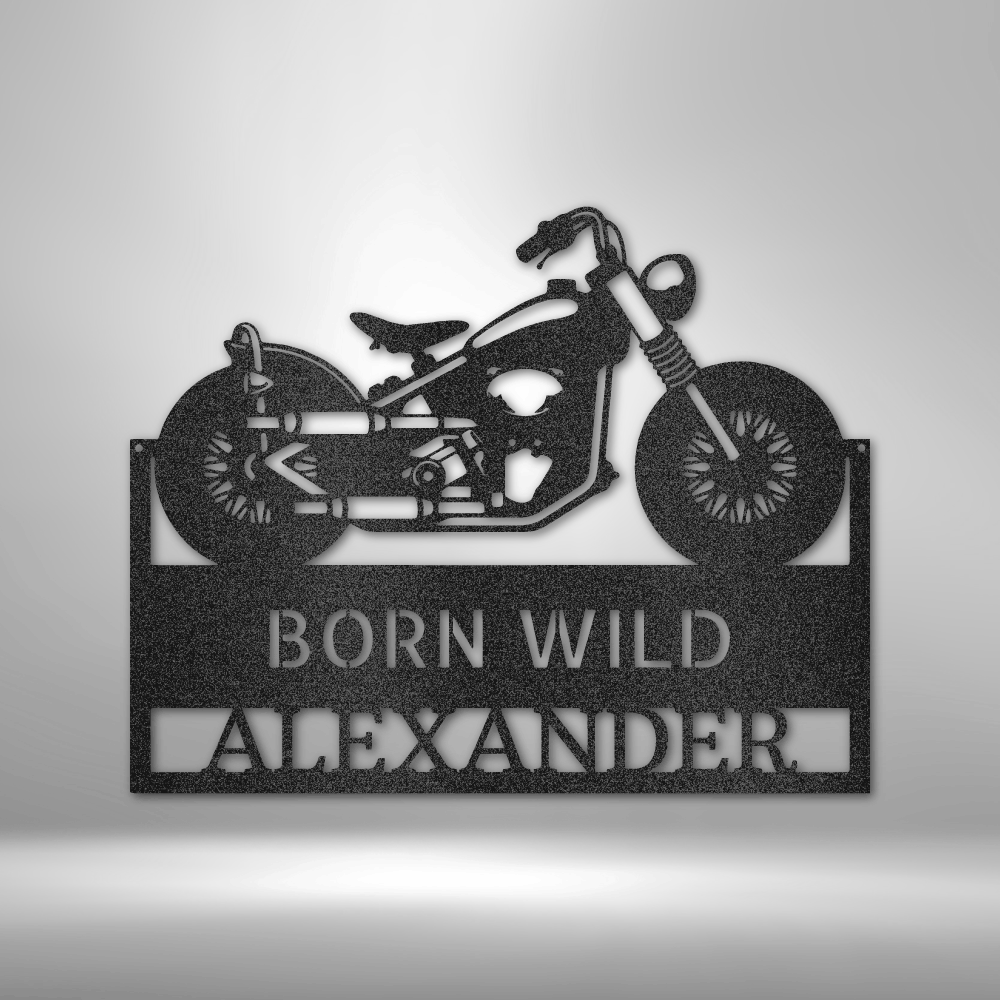 custom steel sign made in usa with motorcycle profile and customizable name and slogan text