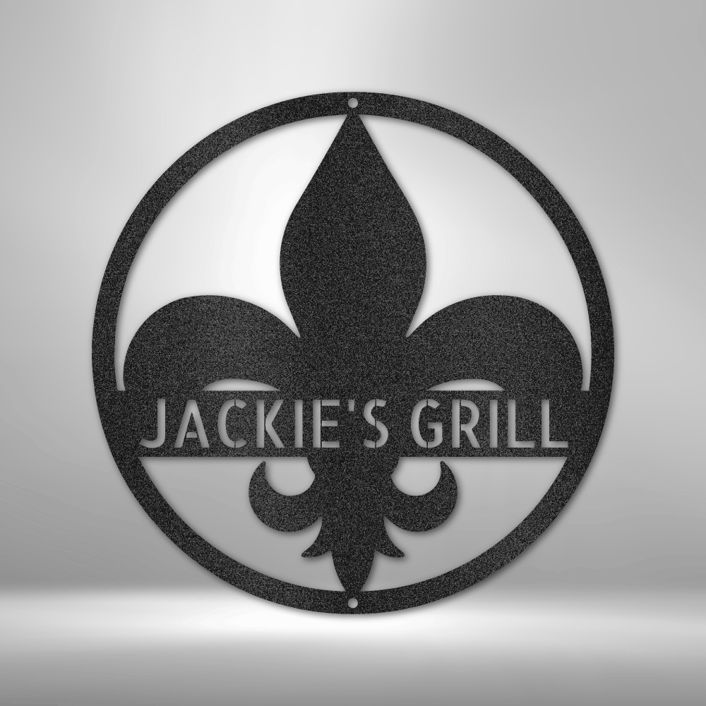 Custom steel sign with fleur-de-lis and personalized name, outdoor grill decor made in USA