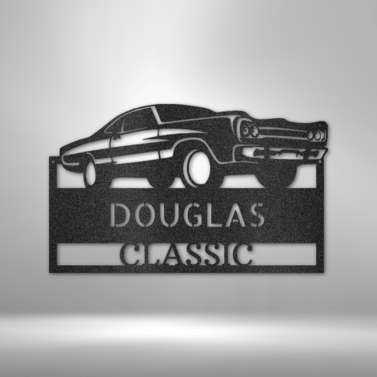 Custom steel wall art with classic car silhouette and two personalized text panels