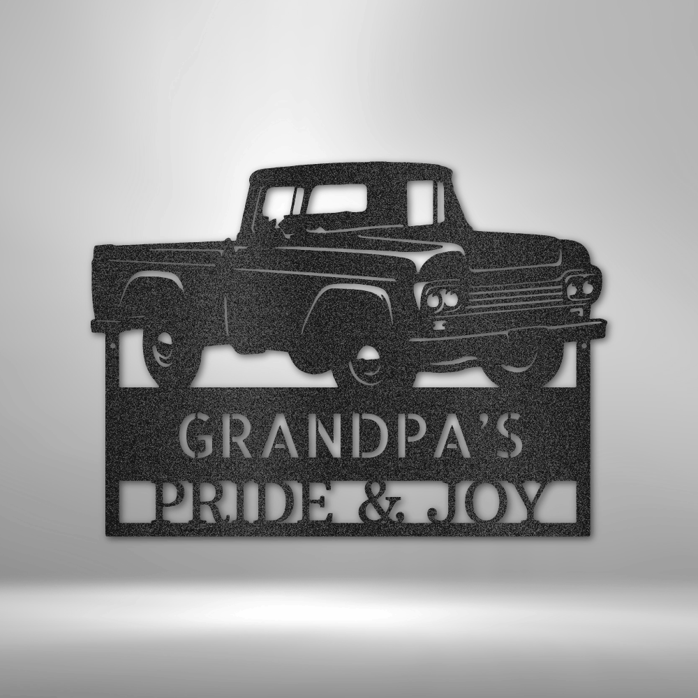 Custom steel sign with vintage pickup truck and personalized text, garage or man cave decor made in USA