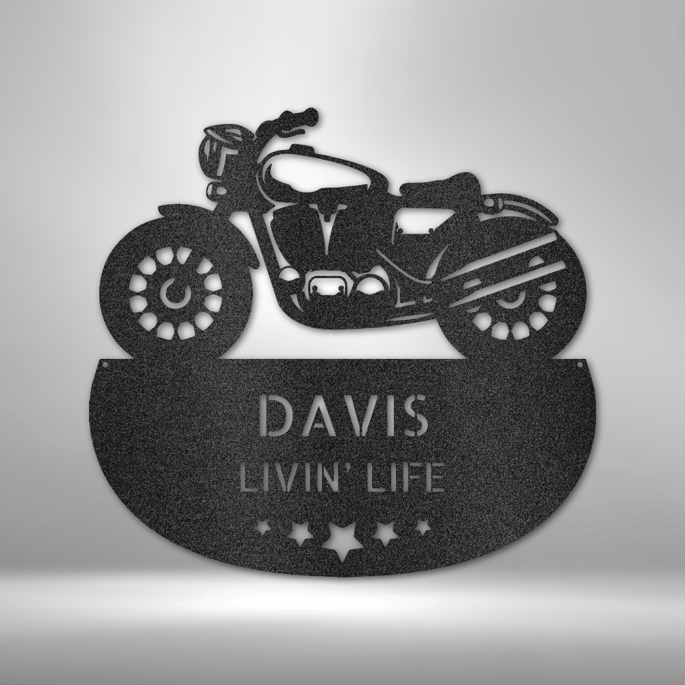 Custom steel motorcycle wall art with cruiser silhouette and two personalized text lines