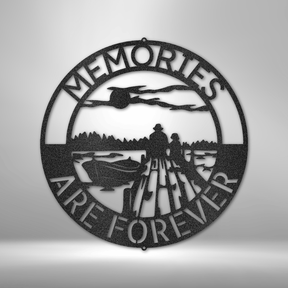Memories Are Forever metal wall art with lake scene and dock silhouette, sentimental decor made in USA