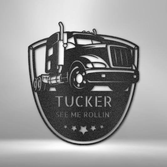 custom steel sign made in usa with semi truck shield design and two customizable text lines