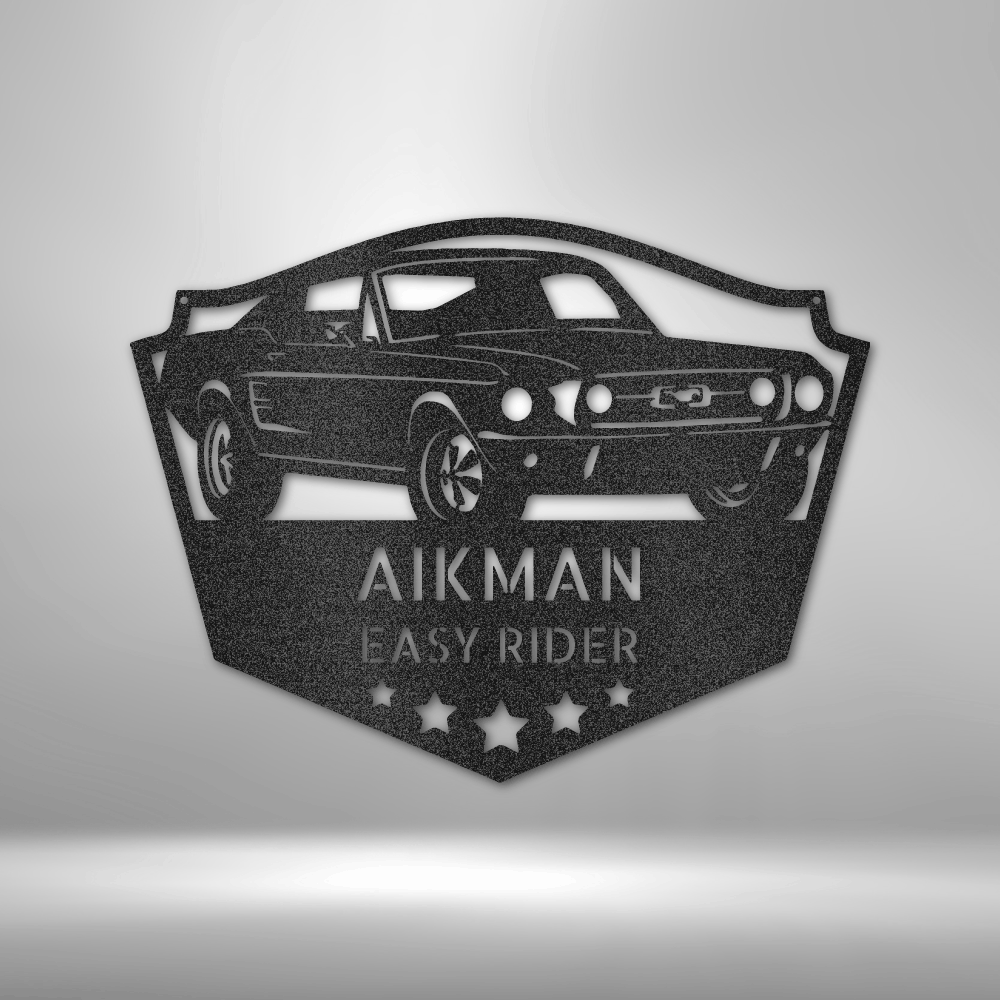 Custom steel wall art with classic Mustang silhouette and personalized name and tagline