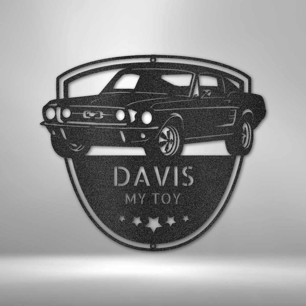 Custom muscle car shield steel sign with two personalized text lines, garage decor made in USA