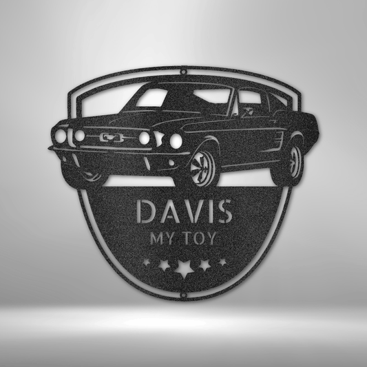 Custom muscle car shield steel sign with two personalized text lines, garage decor made in USA