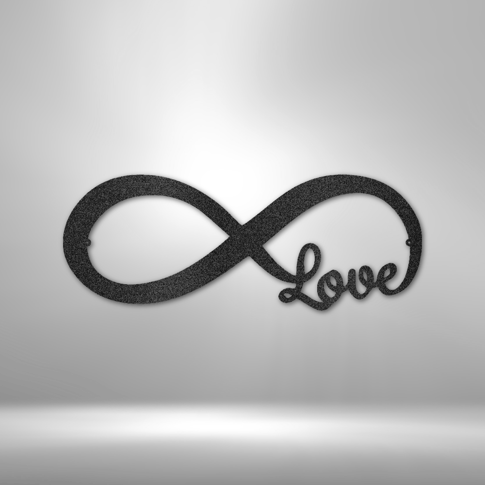 Infinity love metal wall art with script lettering, romantic home decor made in USA