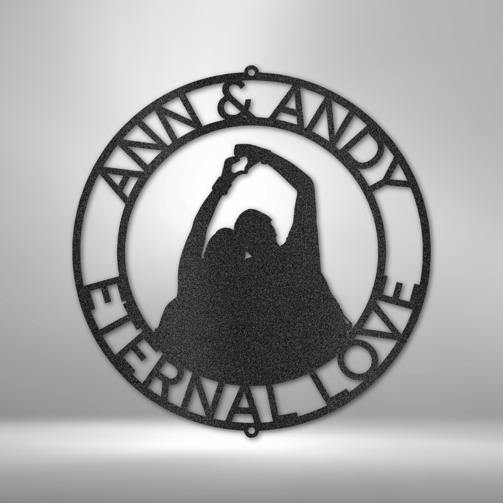 custom steel sign made in usa with dancing couple silhouette and customizable top and bottom text