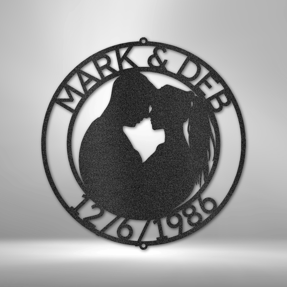 Custom steel sign with kissing couple silhouette and personalized name and date