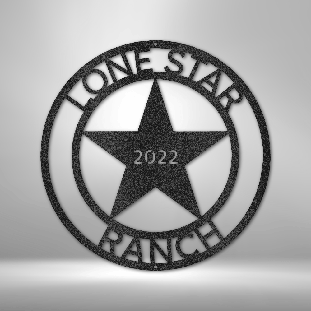 Custom steel sign with rustic Lone Star 5-point star with personalized top and bottom text, makes for rustic western wall decor, made in USA, black.