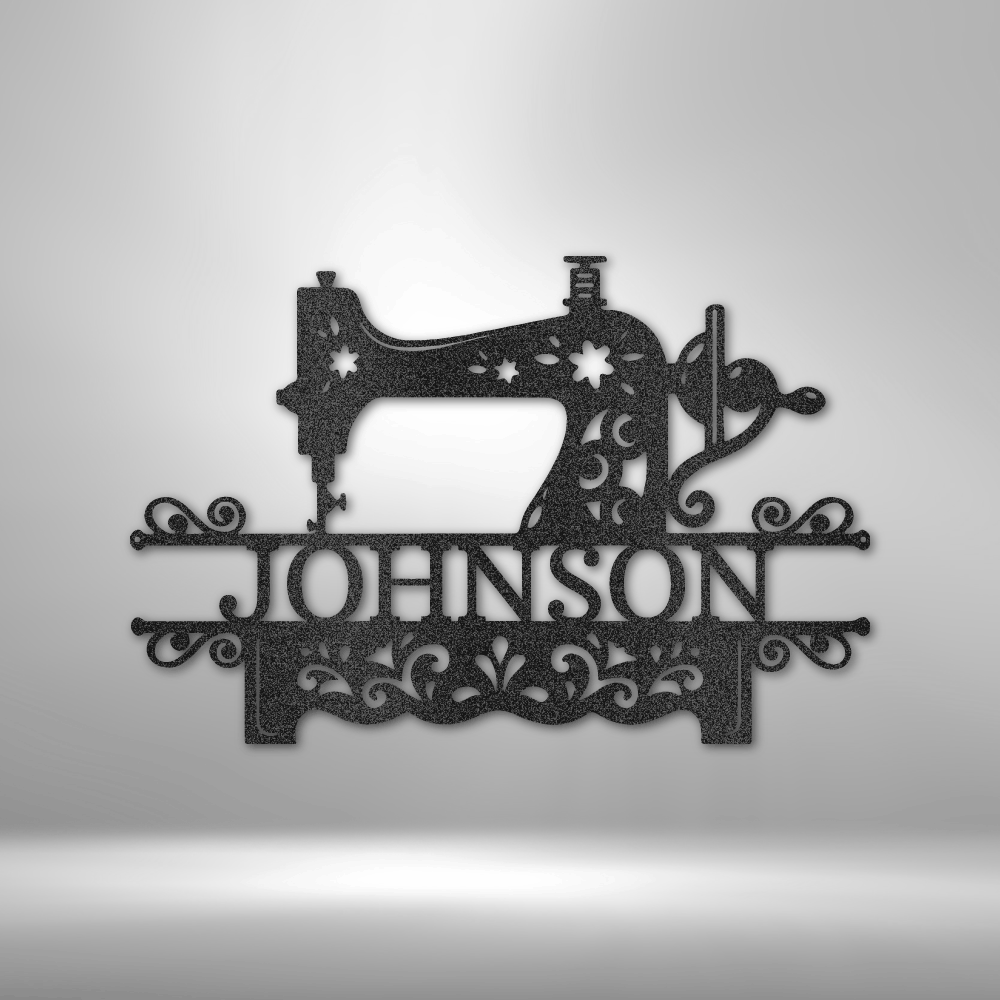 Custom sewing machine steel sign with personalized name and decorative scrollwork, sewing room wall decor made in USA