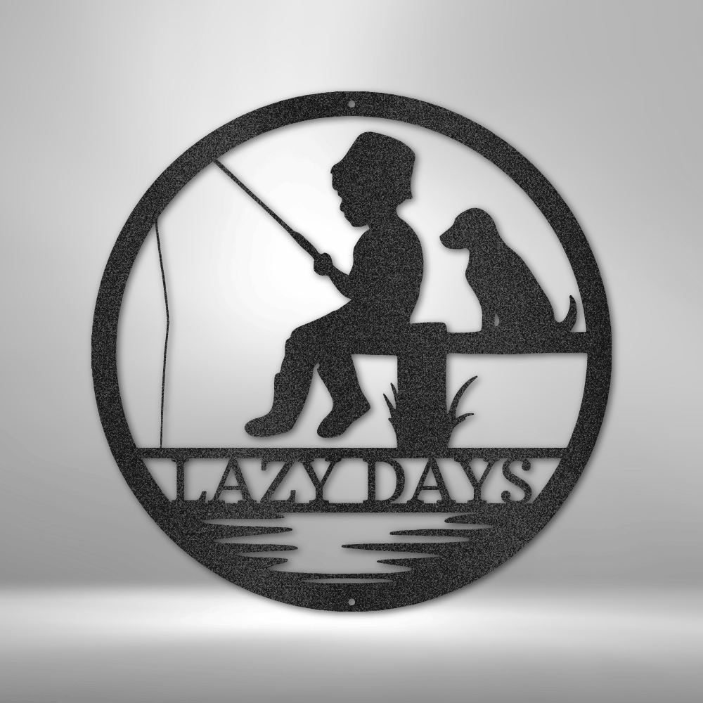 Custom steel sign with boy fishing and dog silhouette, personalized text