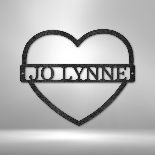 Custom heart steel sign with personalized name across center, minimalist love or nursery wall art made in USA