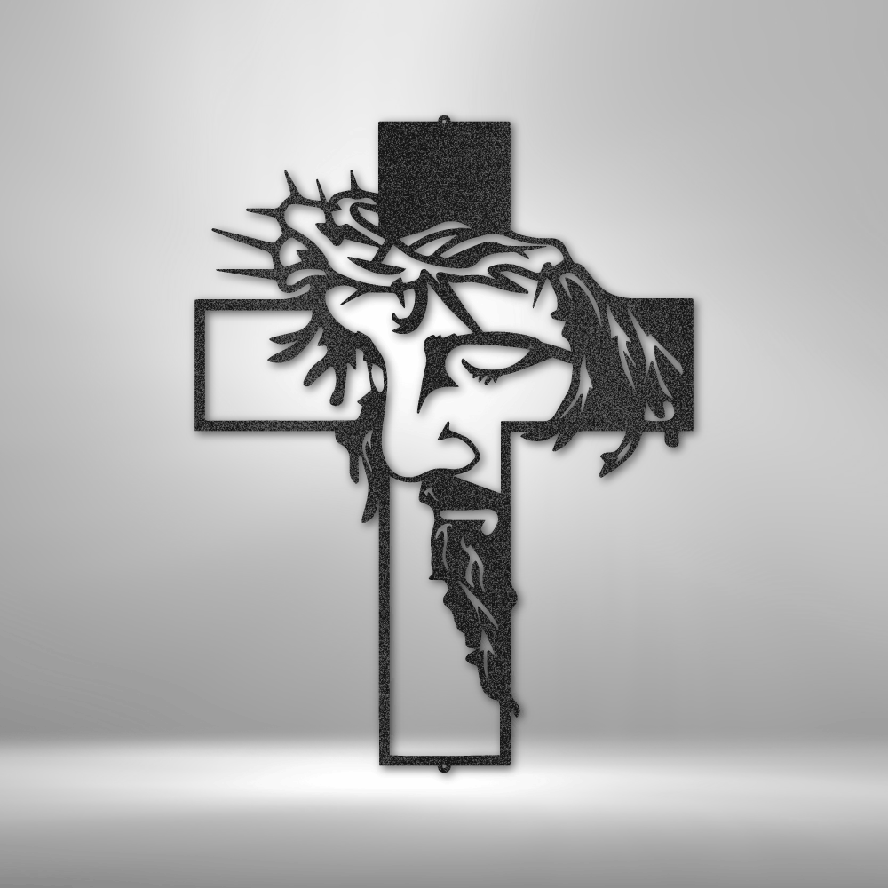 Jesus on cross metal cross wall art with crown of thorns, Christian and Catholic wall art decor made in USA.