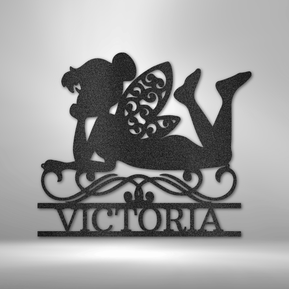 Custom fairy silhouette steel sign with personalized nameplate, girls room or nursery wall decor made in USA