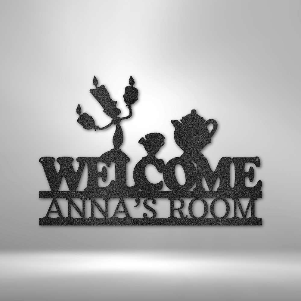Custom steel kids' room welcome sign with whimsical teacup design and personalized name