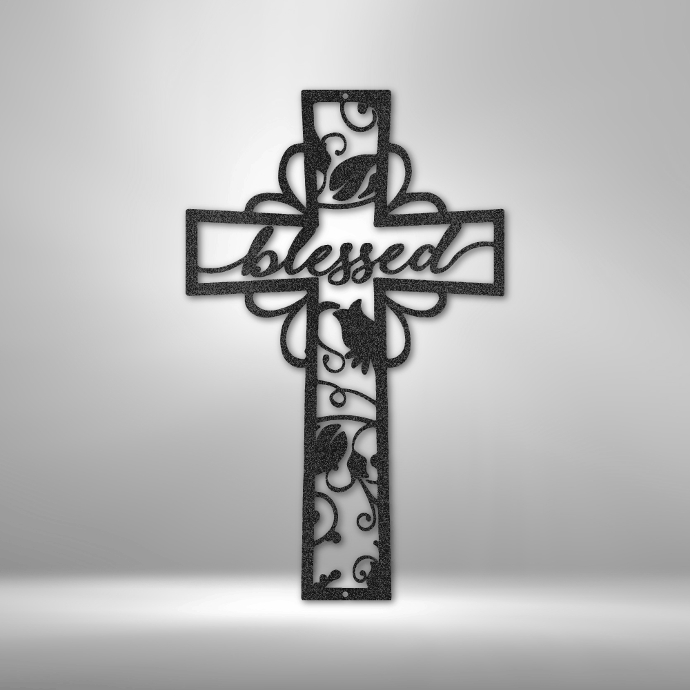 Steel wall art cross with elegant blessed script and scroll floral design