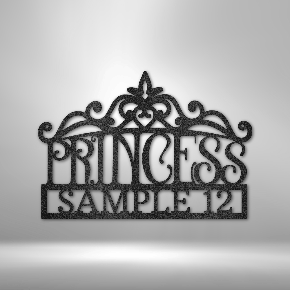 Steel princess wall art with decorative crown and customizable bottom name text