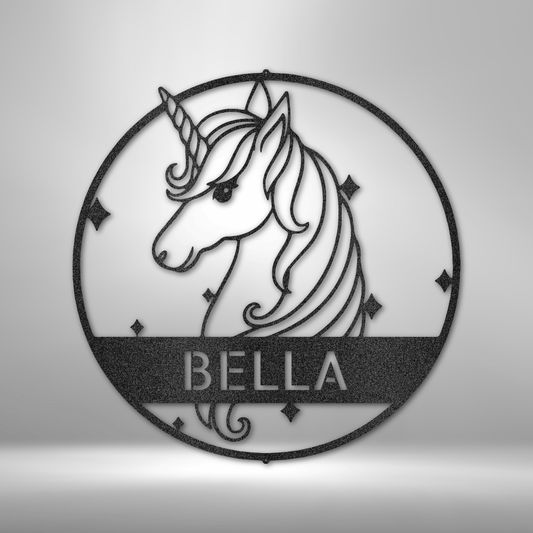Custom steel unicorn wall sign with fantasy design and personalized nameplate