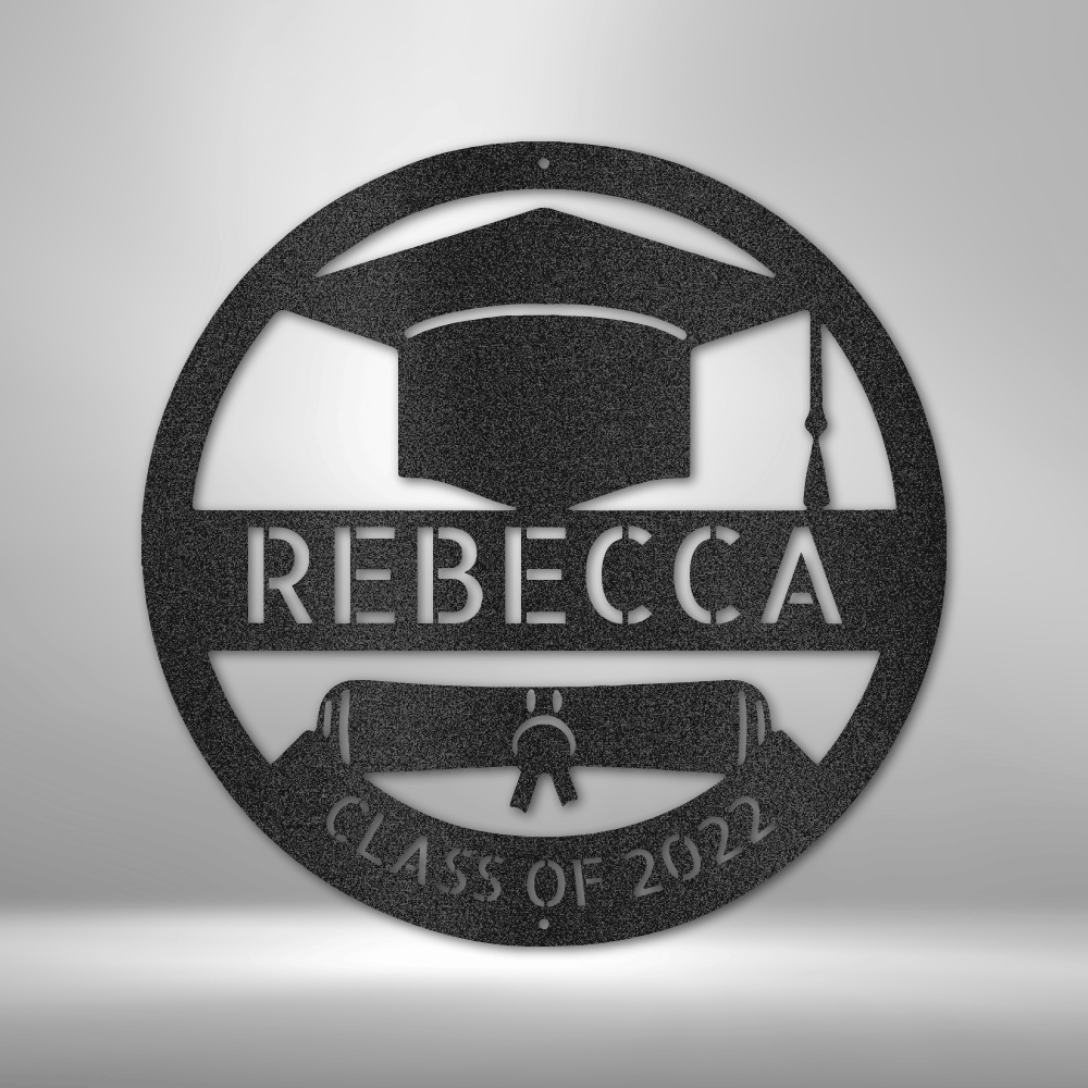 Custom graduation steel sign with cap, diploma, and personalized name and class year, senior gift wall decor made in USA