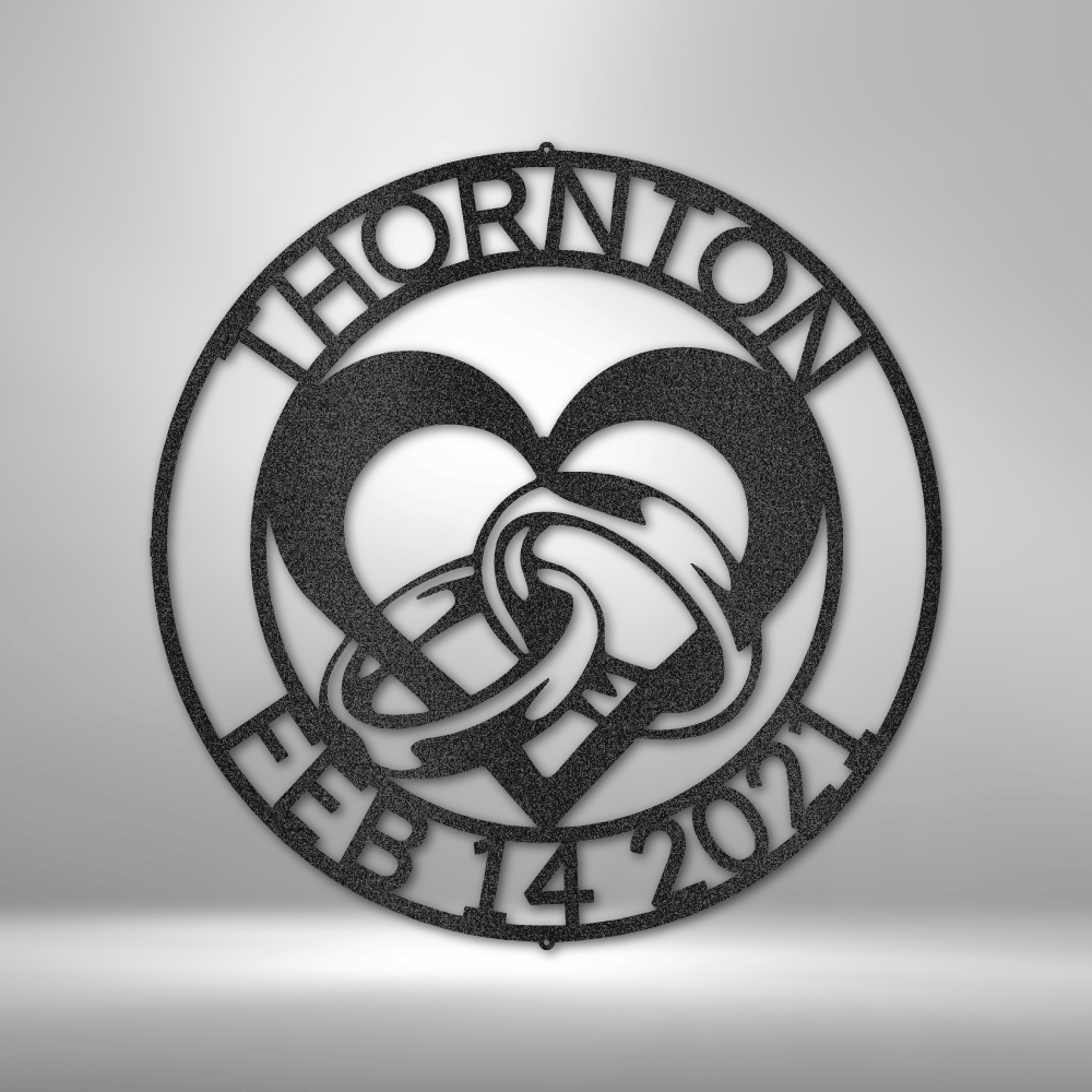 custom steel sign made in usa with heart wedding rings and personalized name and date