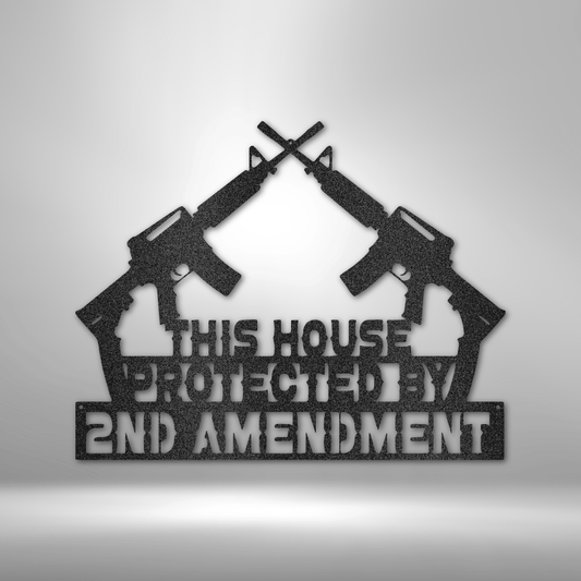 custom steel sign made in usa with crossed rifles and 2nd amendment home defense message