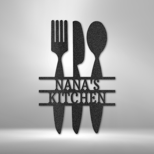 Custom steel kitchen wall art with fork, knife, spoon, and personalized name or phrase