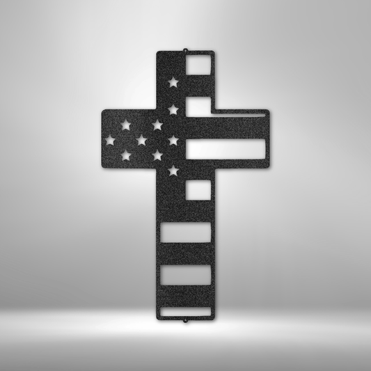 Steel wall art metal cross with American flag design, patriotic Christian home decor