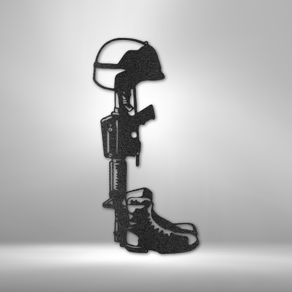 custom steel sign made in usa with battlefield cross helmet rifle and boots silhouette