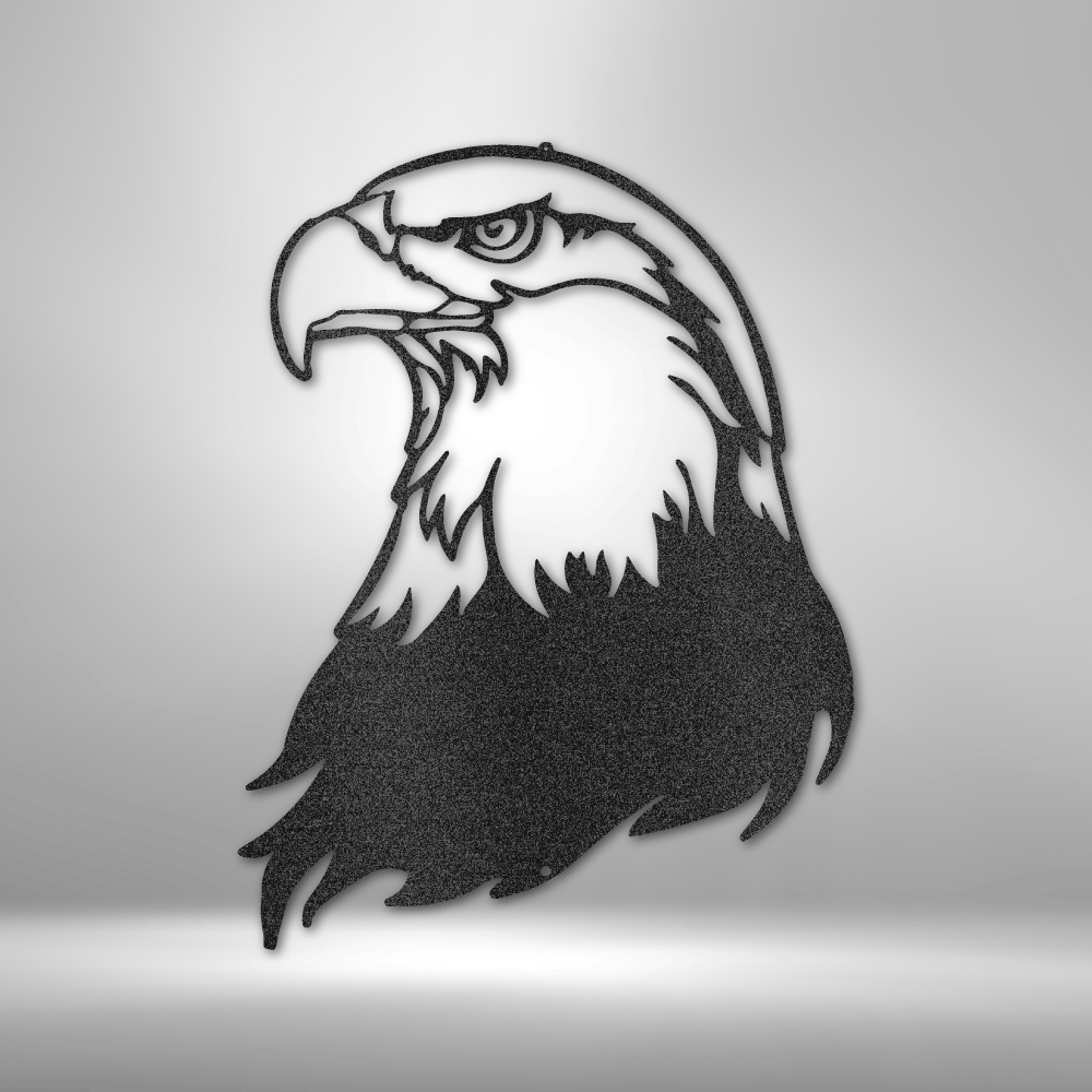 Steel wall art featuring detailed bald eagle head design with no customization
