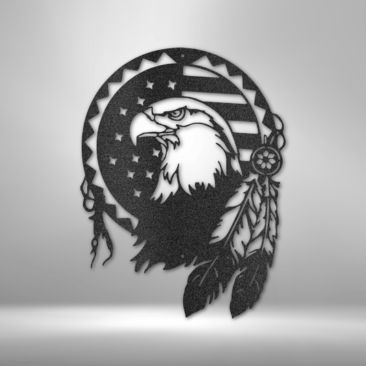 Patriotic eagle metal wall art with feathers and American flag design, tribal-inspired decor made in USA