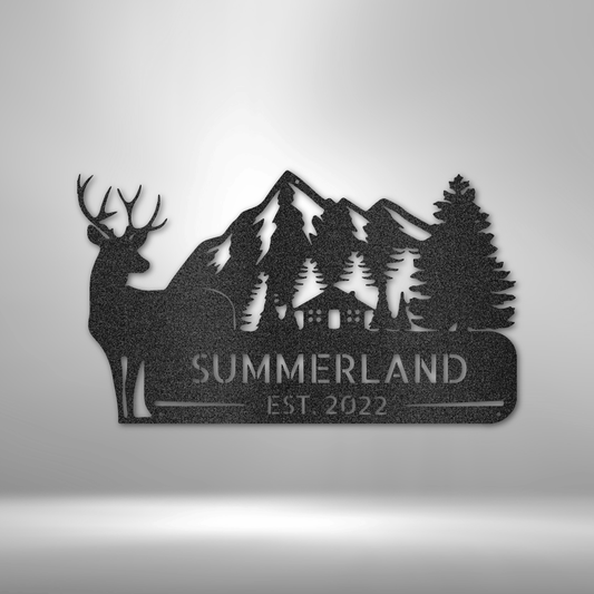 custom steel sign made in usa with mountain cabin deer trees and personalized name