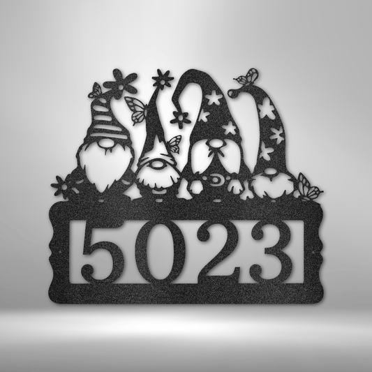 custom metal sign made in usa with gnome characters and personalized house number panel