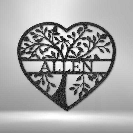 Custom steel heart-shaped tree sign with birds and personalized family name