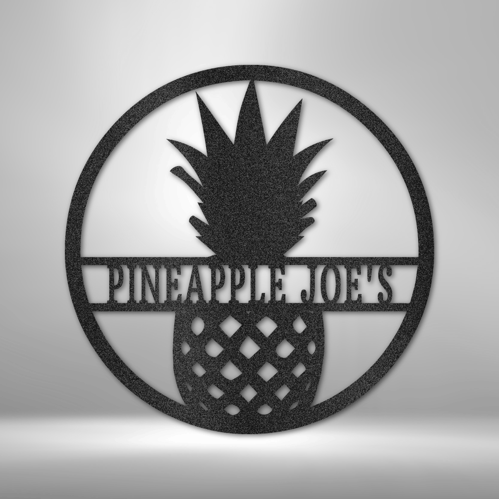 Custom pineapple steel sign with personalized center text, round tropical bar or patio decor made in USA