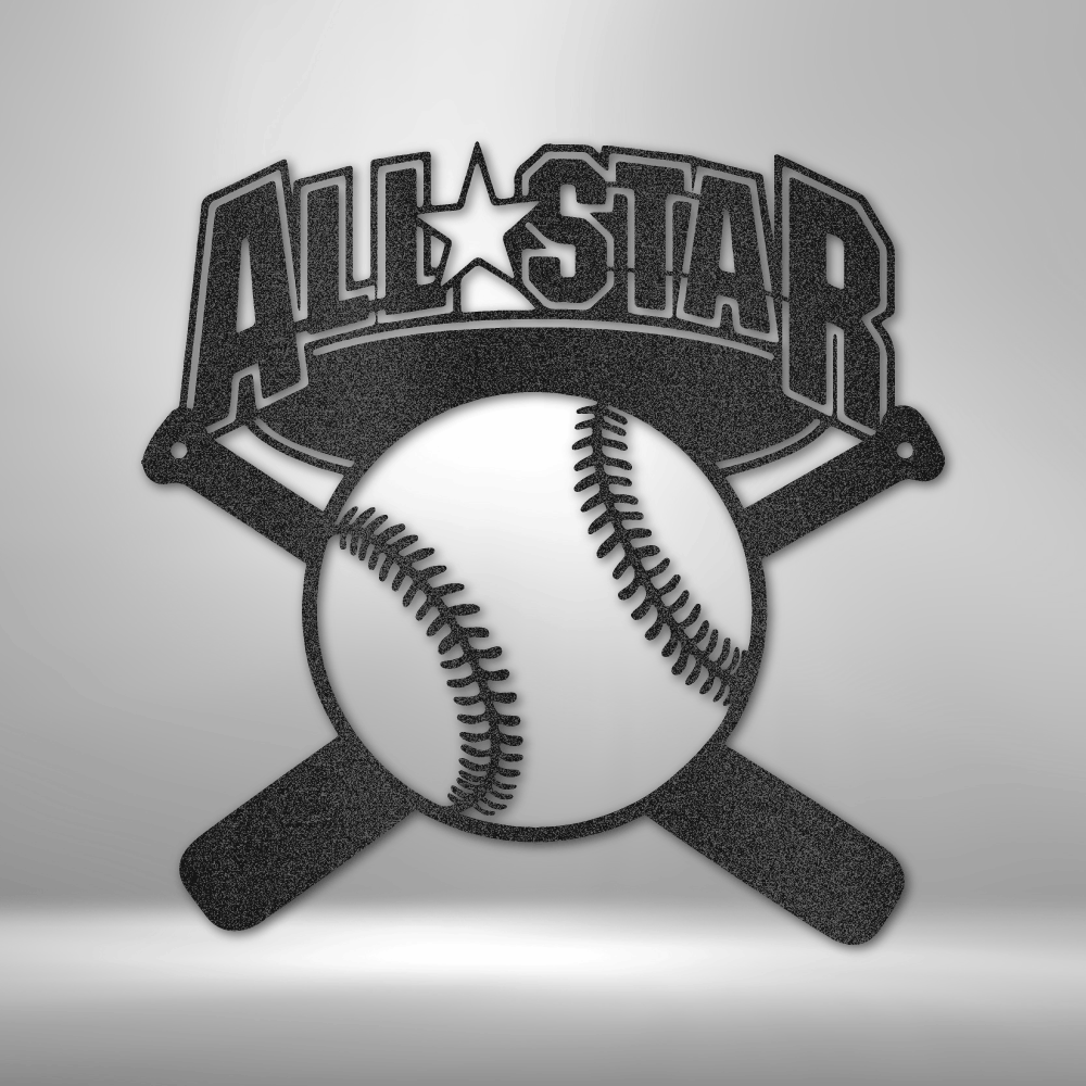 All Star baseball metal wall art with bats and ball, sports room decor made in USA