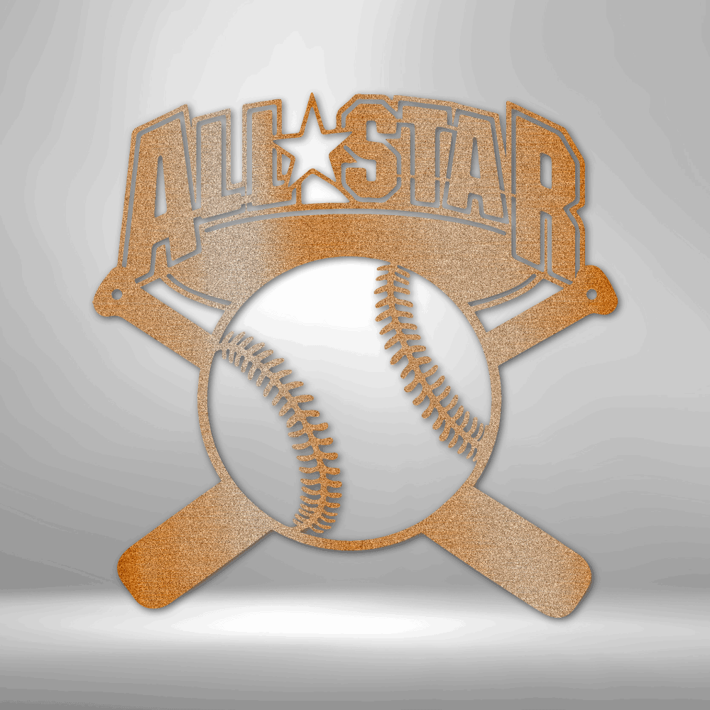 All Star baseball metal wall art with bats and ball, sports room decor made in USA