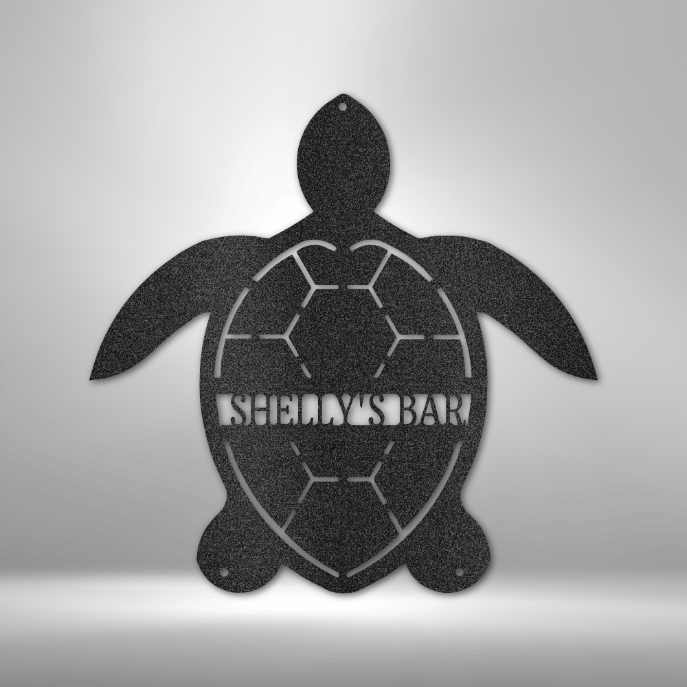 Custom sea turtle steel sign with personalized text through shell, coastal wall decor made in USA