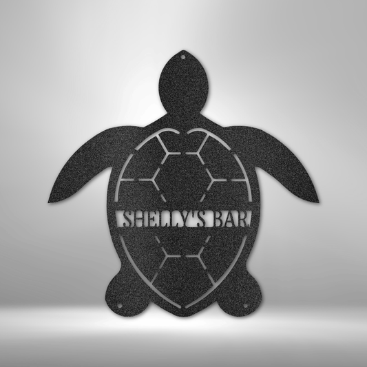 Custom sea turtle steel sign with personalized text through shell, coastal wall decor made in USA