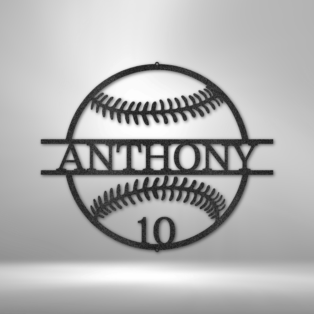 custom steel sign made in usa with baseball stitching and personalized name and number