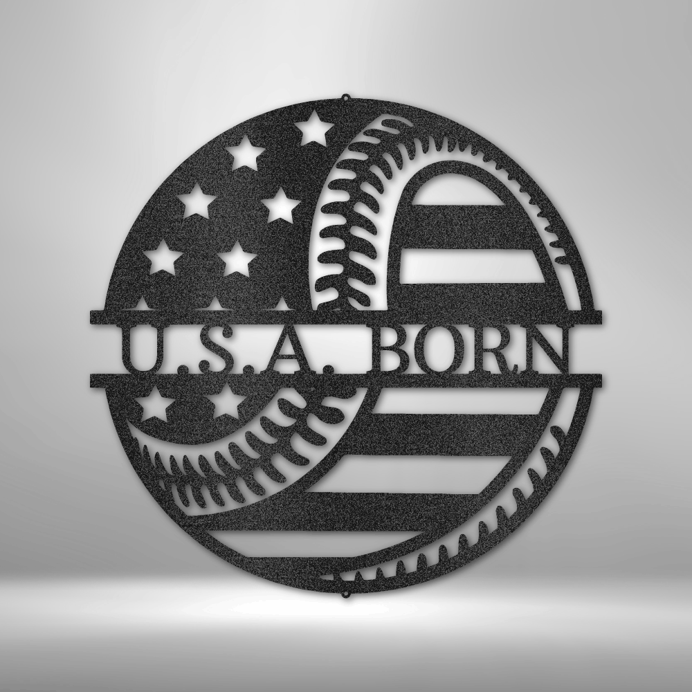 Custom steel baseball sign with American flag and personalized nameplate, patriotic sports decor made in USA