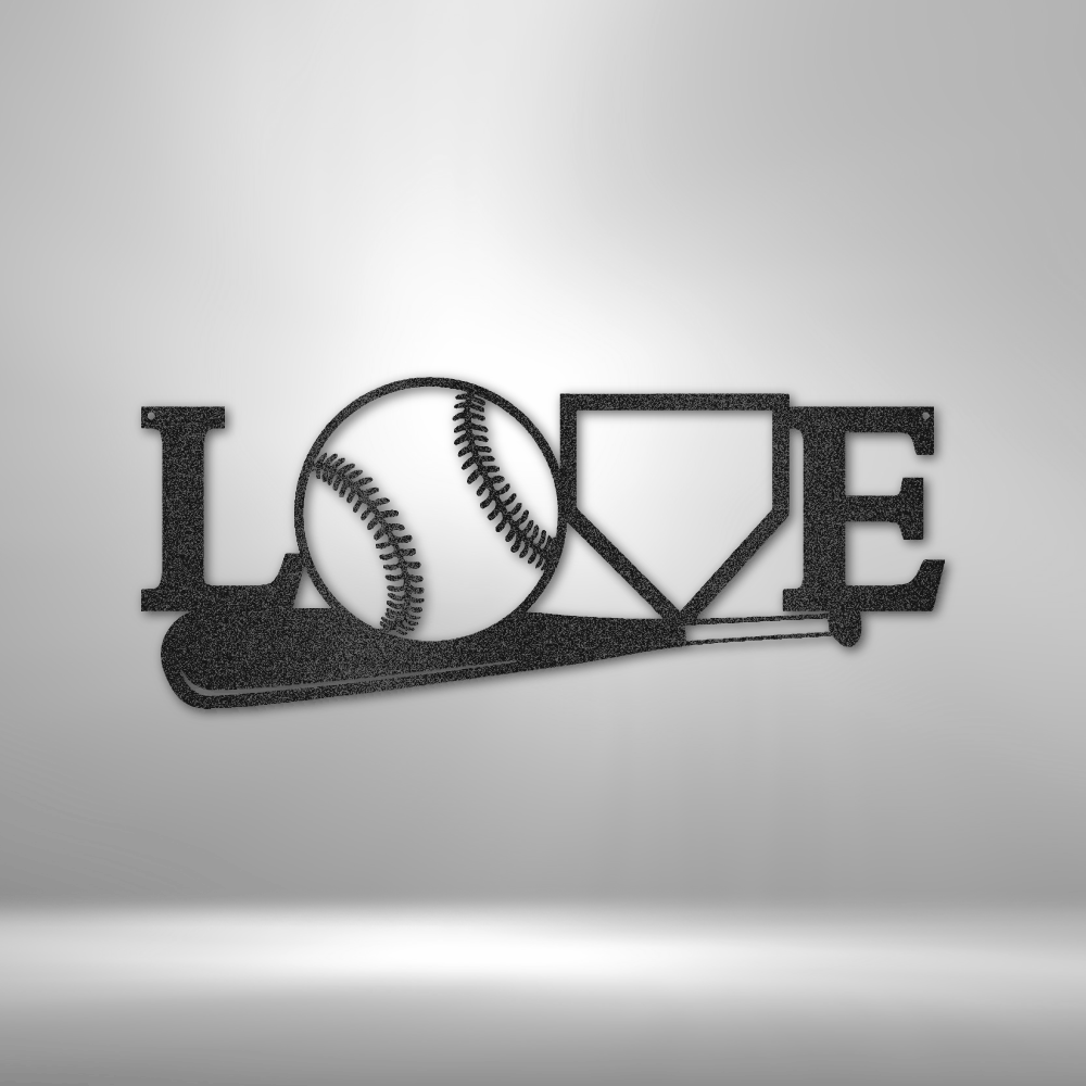 Baseball LOVE metal wall art with bat, ball, and home plate design made in USA