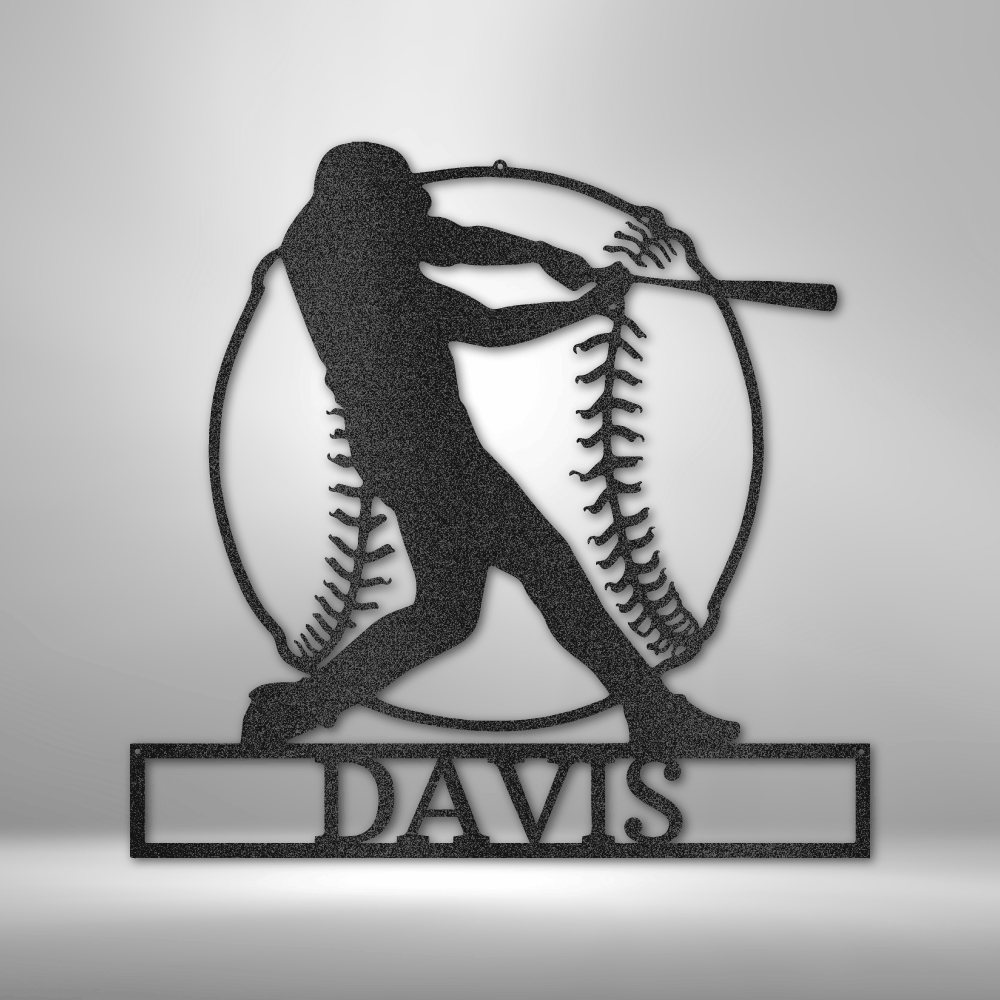 Custom steel baseball player sign with nameplate, personalized sports wall art made in USA