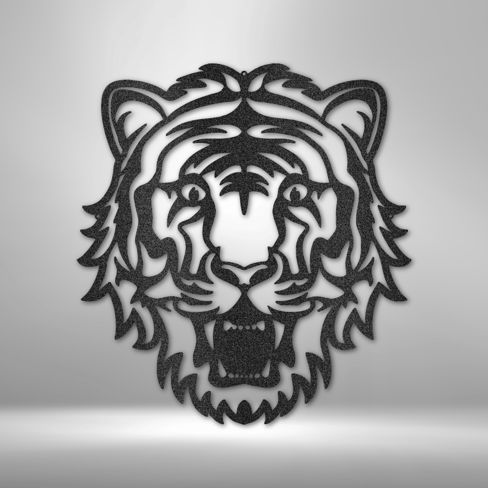 Tiger head metal wall art with bold outline design, animal decor for gym, man cave, or game room, made in USA