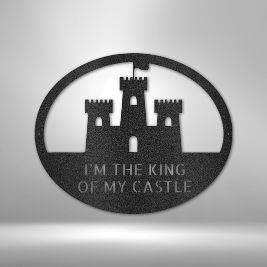 Custom steel wall art with castle silhouette and personalized text for home or man cave decor